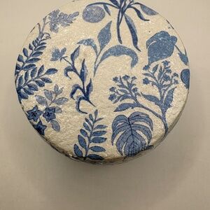Blue Leaf Paper Mache Fabric  Style Round Trinket Box